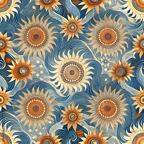 Seamless Pattern with Golden Sunflowers on a Blue Wavy Background.