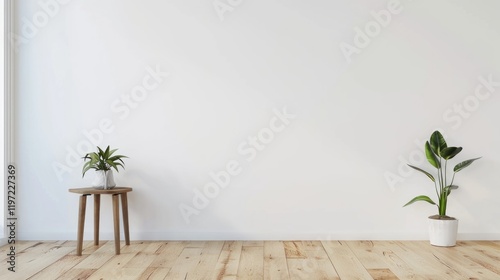 Two different styles of room setup, with potted plants as the focal point. photo