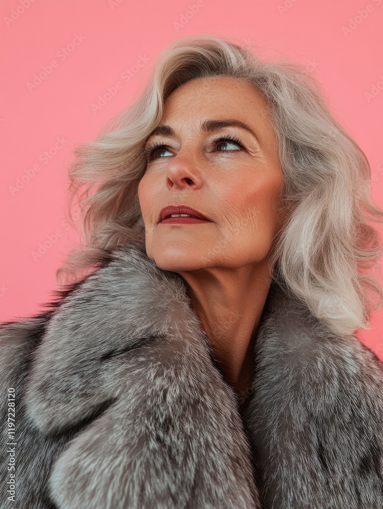 An elegant older woman wearing a fur coat with her coat collar turned up. An elegant older woman wearing a fur coat with her coat collar turned up.