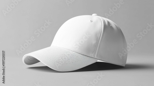 A clean, minimalist white cap mockup on a gray background, showcasing a professional design that highlights branding opportunities for a corporate identity.