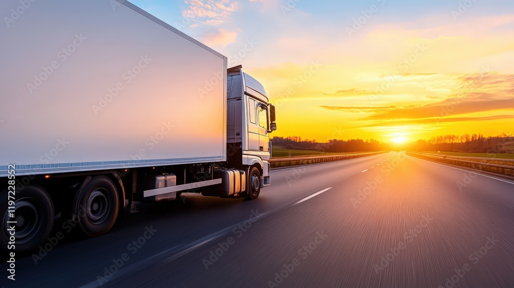A large white semi truck is driving down a road at sunset A large white semi truck is driving down a road at sunset