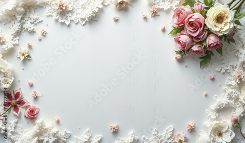 Flat lay of white floral lace border on a white background