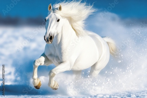 A white horse galloping through a snow-covered field, with its mane flowing in the wind