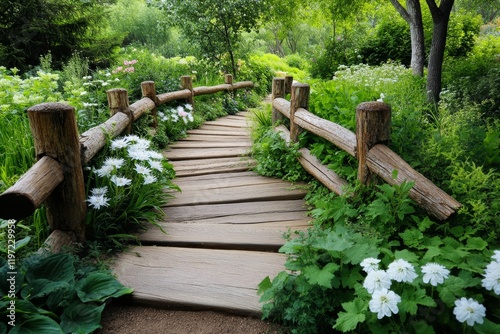 A wooden bridge spanning a small creek, with lush vegetation growing around the structure