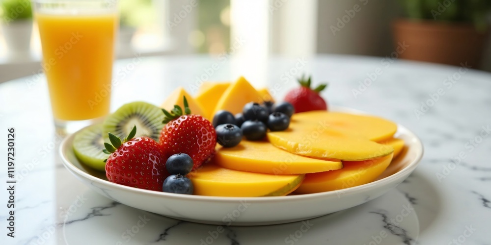 Colorful Fruit Platter with Mango, Kiwi, Strawberries, and Blueberries on a Marble Table