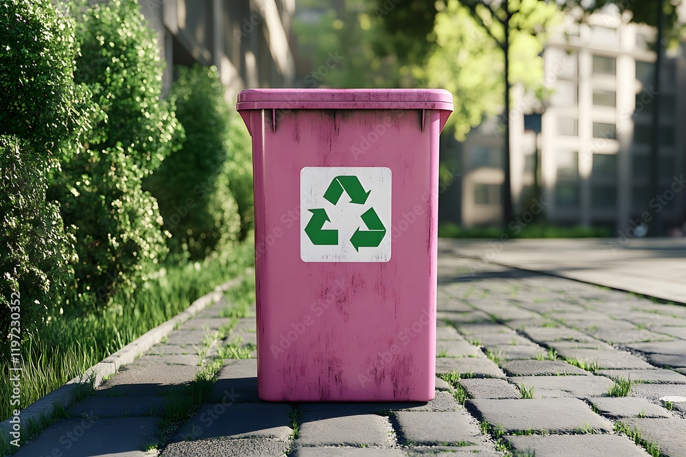 Pink garbage can for waste sorting, ecology, recycling, sustainability Pink garbage can for waste sorting, ecology, recycling, sustainability