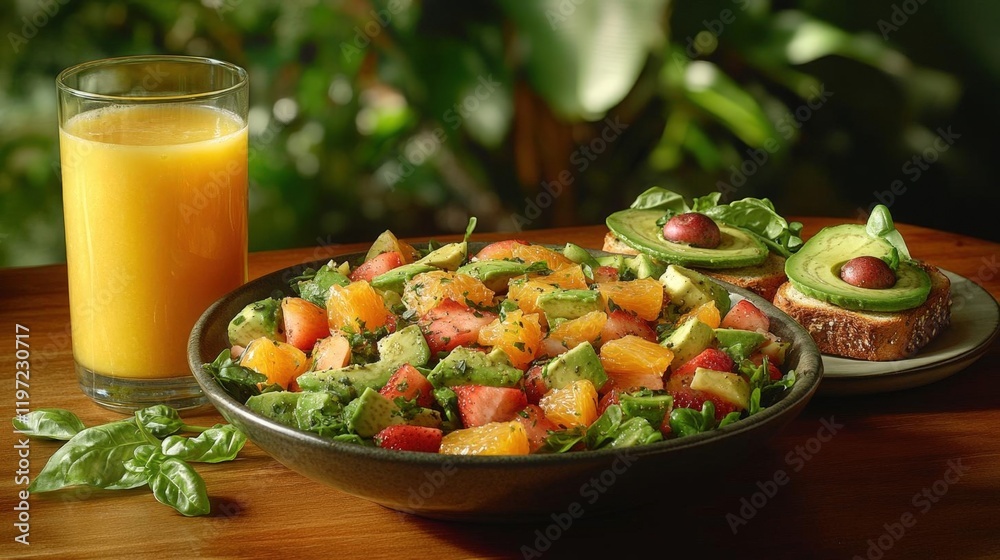 Refreshing Fruit and Avocado Salad with Orange Juice and Toast Refreshing Fruit and Avocado Salad with Orange Juice and Toast