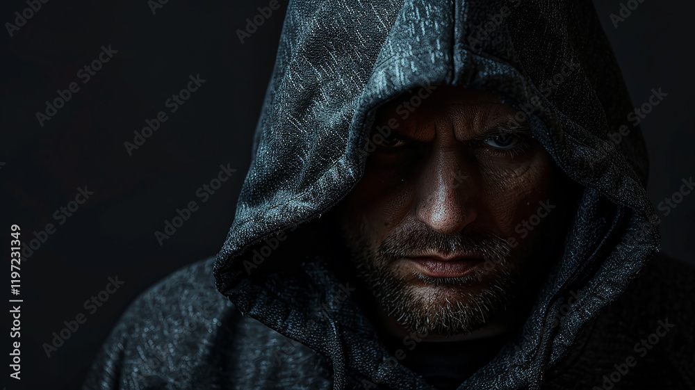 Incognito guy in a black hood on a dark background, hides his face Incognito guy in a black hood on a dark background, hides his face