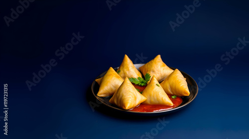 Happy Ramadan Kareem. food plate with vegetarian  samosas with chatni for iftari or suhoor isolated on a background photo