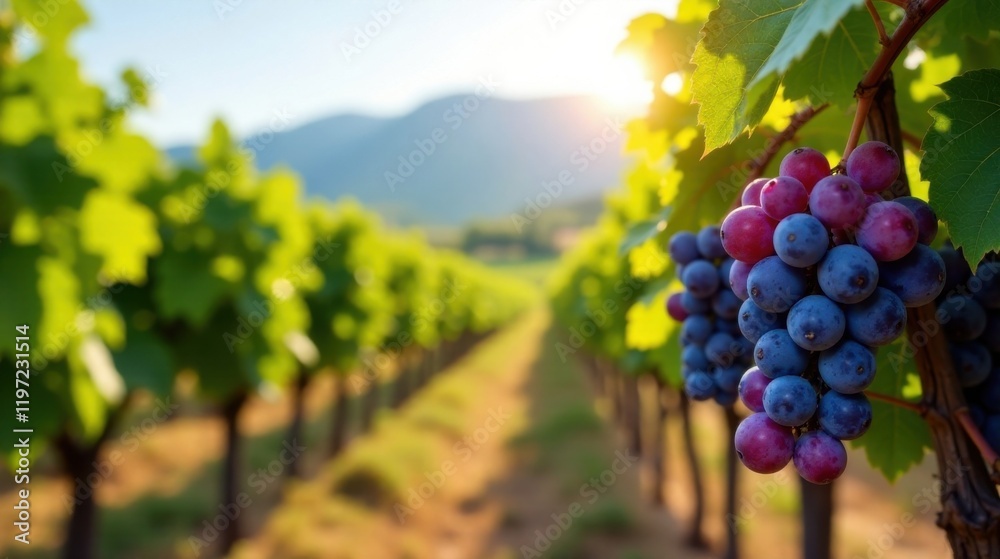 Fototapeta premium Sunlit Vineyard Rows with Ripe Red and Blue Grapes Hanging from Vine