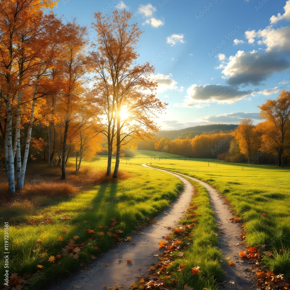 Fototapeta premium Scenic autumn landscape, golden hour sunlight, winding country road