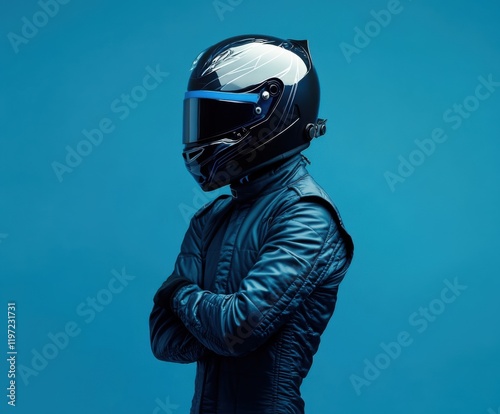 Racing driver in full gear poses against a blue backdrop showcasing safety equipment and professional attire
