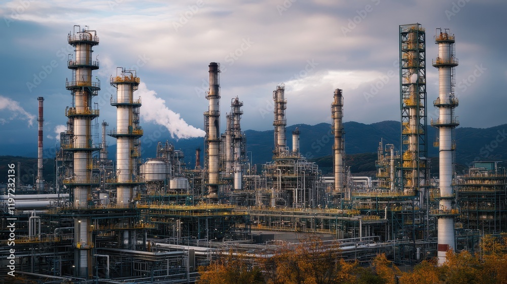 Towering cracking units and massive reactor vessels dominate the industrial landscape of a high-tech petrochemical plant.