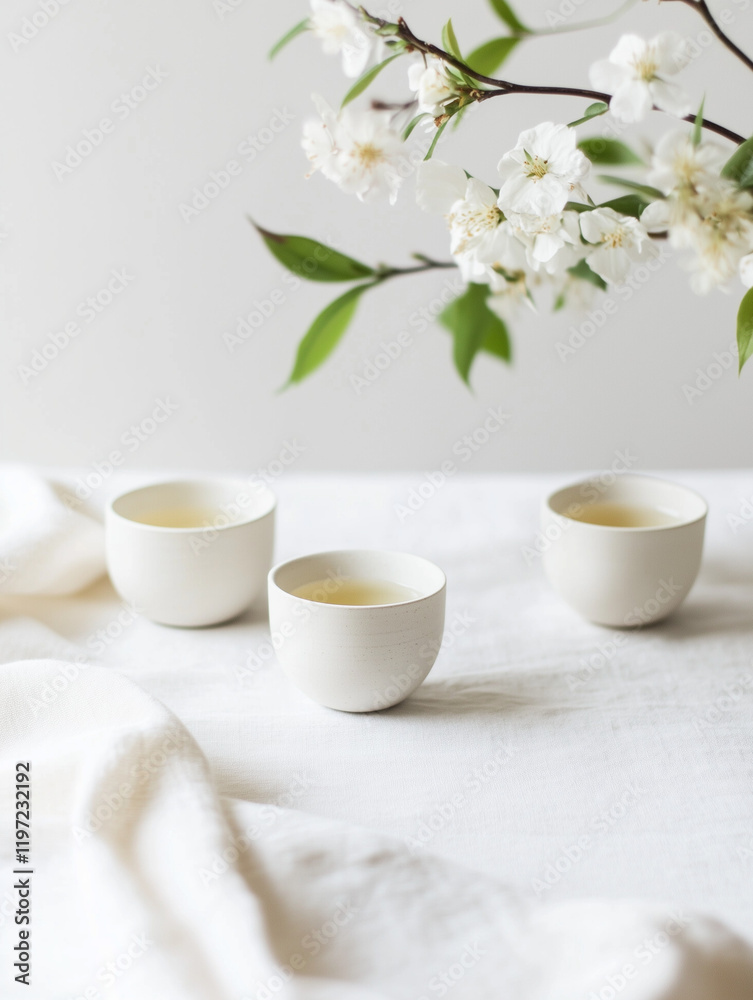 Minimalist tea ceremony setup featuring delicate cups and floral accents Minimalist tea ceremony setup featuring delicate cups and floral accents