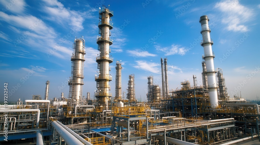 Fototapeta premium Towering cracking units and reactor vessels, surrounded by machinery and pipes in a bustling petrochemical facility.