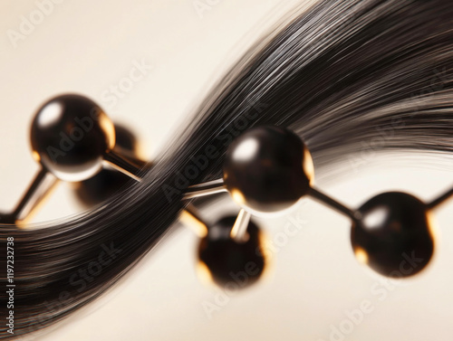 Black hair strands intertwined with molecular structures illustrating hair science and beauty products photo
