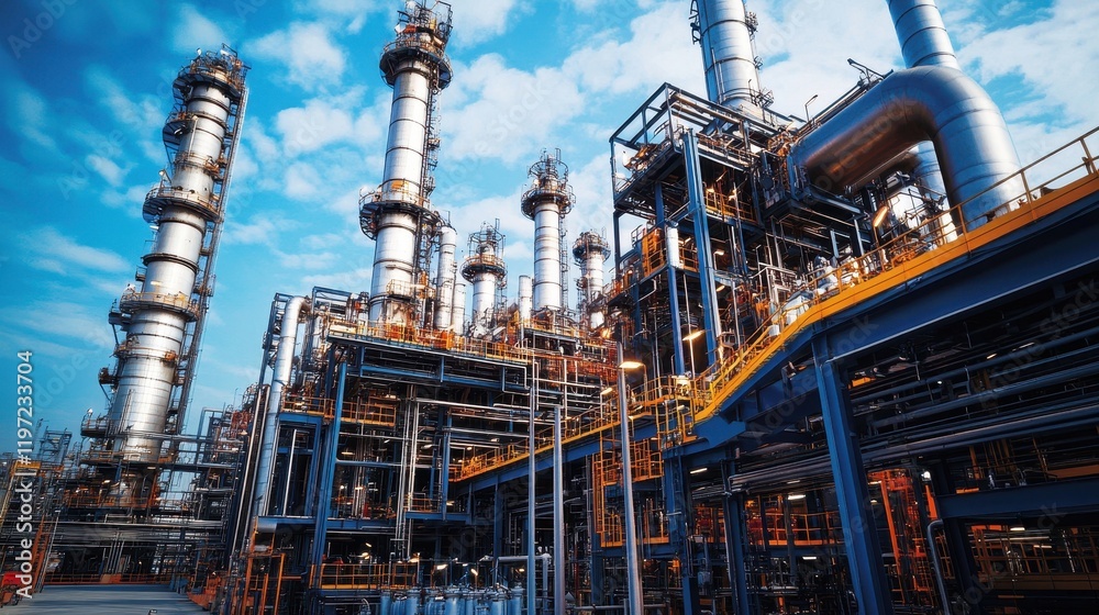 Close-up view of towering cracking units and reactor vessels, machinery weaving through in a massive petrochemical facility. Close-up view of towering cracking units and reactor vessels, machinery weaving through in a massive petrochemical facility.