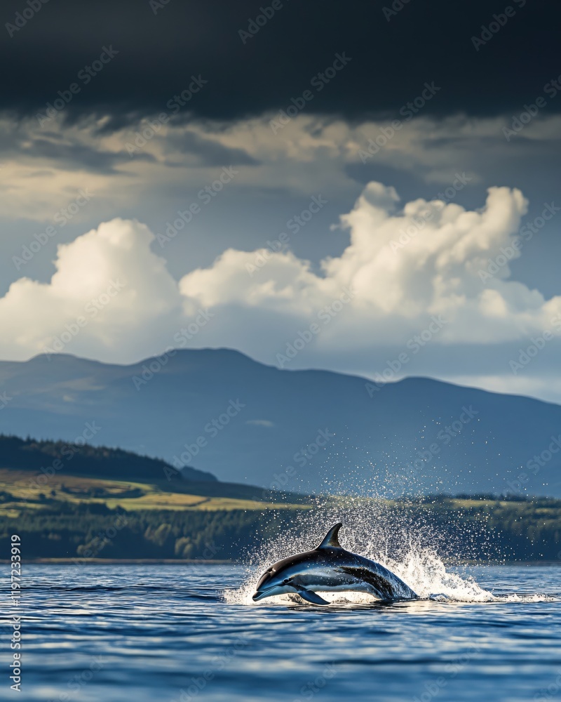 Fototapeta premium Majestic Dolphin Leaps Ocean Waves Dramatic Sky Mountainscape