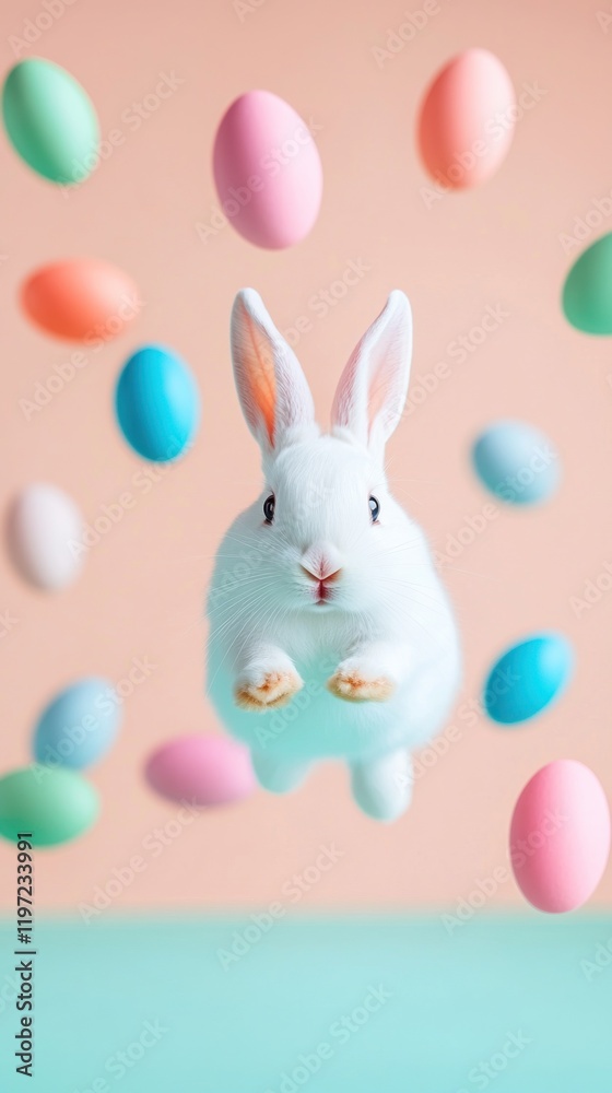 Obraz premium Hovering Easter eggs, fluffy white bunny in the foreground, soft peach background, open yellow space for promotional text.