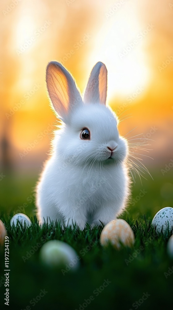 Obraz premium Hovering Easter eggs, fluffy white bunny in the foreground, soft peach background, open yellow space for promotional text.