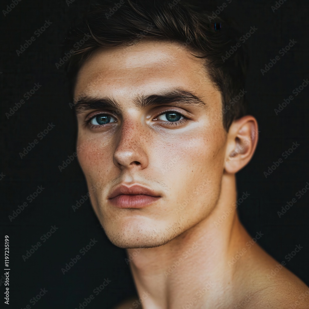 Obraz premium Young Man Portrait Freckles Blue Eyes Handsome Model