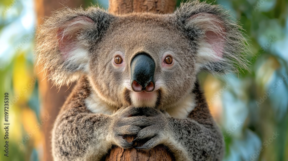 Fototapeta premium Koala resting on eucalyptus tree, Australian wildlife