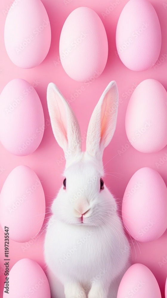Obraz premium Hovering Easter eggs, fluffy white bunny in the foreground, soft peach background, open yellow space for promotional text.