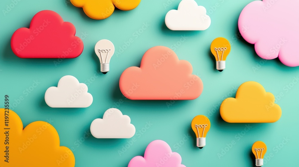 A group of colorful cloud icons with symbols of creativity, such as paintbrushes, music notes, and light bulbs, on a vibrant background.