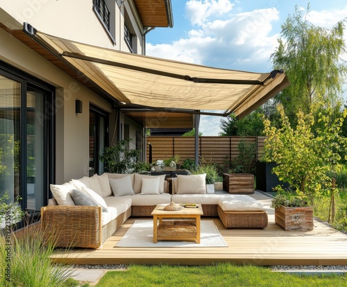 Beautiful outdoor living space with comfortable seating and sunshade at a modern house during the day