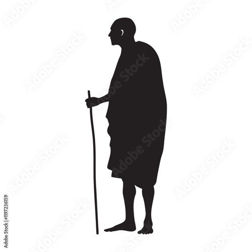 Elderly Tribal man stand pose with a stick silhouette vector illustration