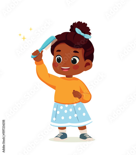 little kid girl african american comb hair and feel happy