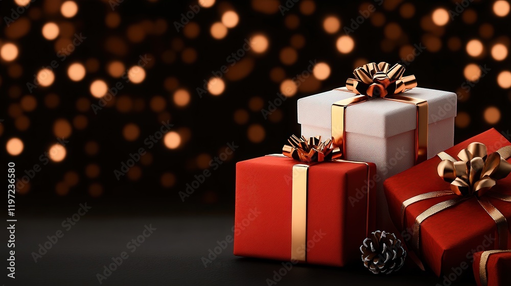 Three Festive Red and White Gift Boxes Adorned with Shiny Gold Bows Perfectly Arranged for a Cheerful Holiday Celebration and Joyous Gifting Experience Three Festive Red and White Gift Boxes Adorned with Shiny Gold Bows Perfectly Arranged for a Cheerful Holiday Celebration and Joyous Gifting Experience