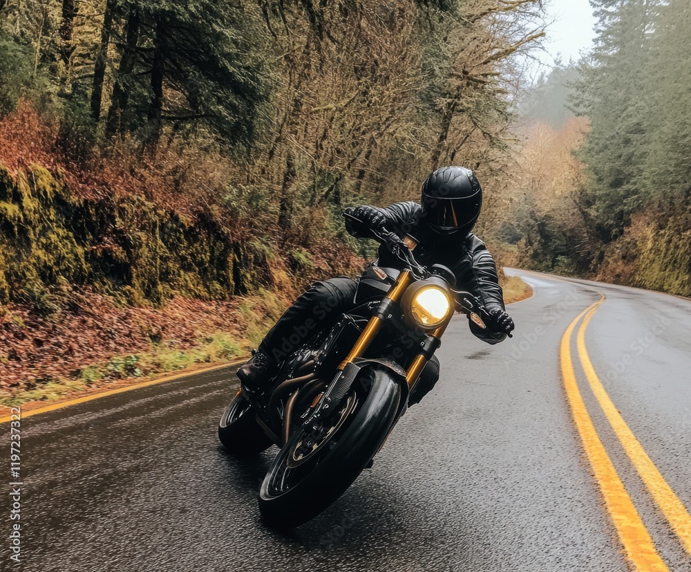 Motorcycle rider navigates a winding road through a lush forest on a rainy day Motorcycle rider navigates a winding road through a lush forest on a rainy day