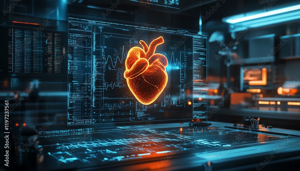 Obraz premium Holographic glowing heart in futuristic lab setting, surrounded by hightech screens, scientific instruments, and sleek design