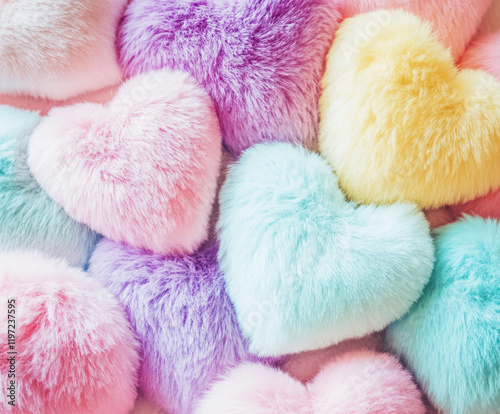 Colorful fluffy heart-shaped cushions arranged in a playful manner for decoration or gifting
