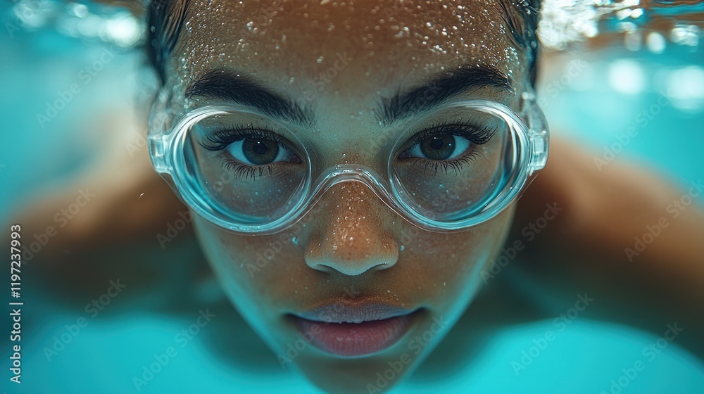 Fototapeta premium A close-up of a swimmer underwater, showcasing concentration and clarity.