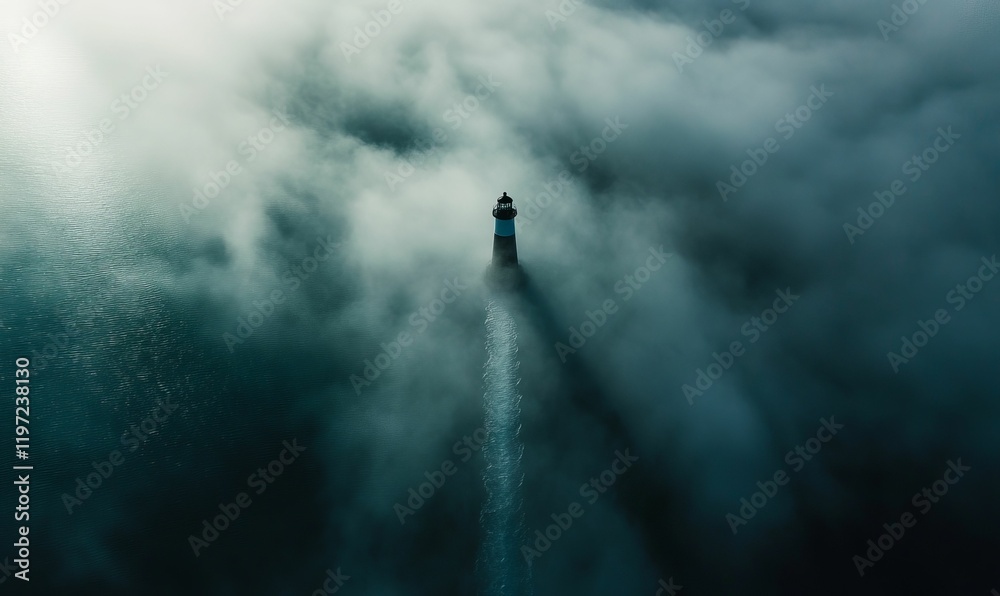 Tall tower stands amidst thick clouds and water. Tall tower stands amidst thick clouds and water.