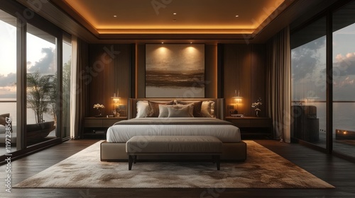 Luxurious modern bedroom with ocean view, featuring a king-size bed, nightstands, artwork, and large windows.