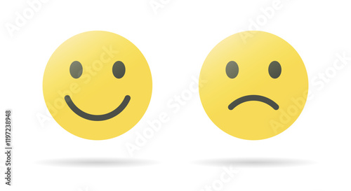 Happy and sad face emoji icon in flat style. Smile and frown facial emoticon sign symbol