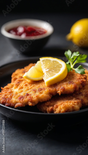 Breaded cutlets with lemon garnish served against dark background