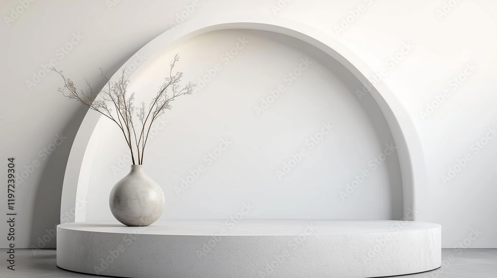 Minimal 3D render of a white podium with an elegant arch in the background. Modern product display scene featuring a round stone platform, natural light from a window, and a clean white interior wall Minimal 3D render of a white podium with an elegant arch in the background. Modern product display scene featuring a round stone platform, natural light from a window, and a clean white interior wall
