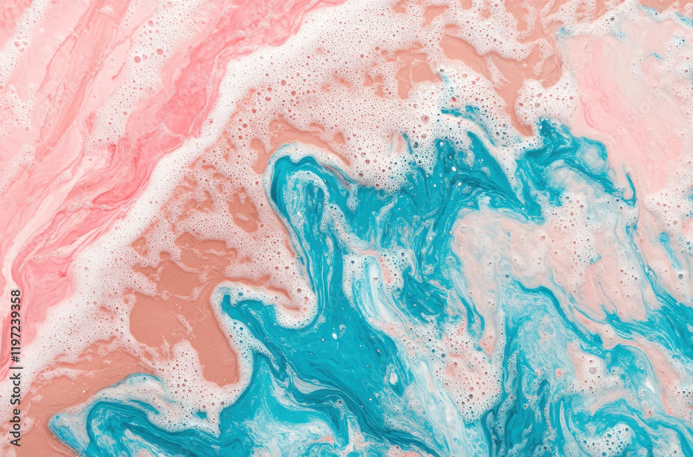Fototapeta premium Abstract pink and blue fluid art with bubbles and swirls, creating vibrant and dynamic texture