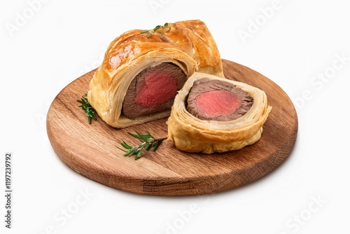 Homemade Beef Wellington roast serve on wooden cutting board isolated on white background with clipping path and full depth of field photo