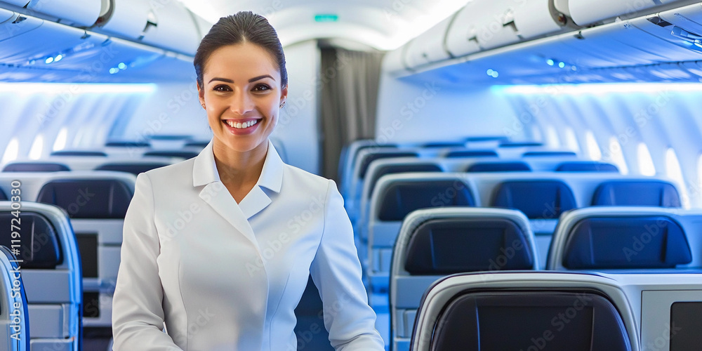 Flight attendant welcoming passengers on a modern airplane Flight attendant welcoming passengers on a modern airplane