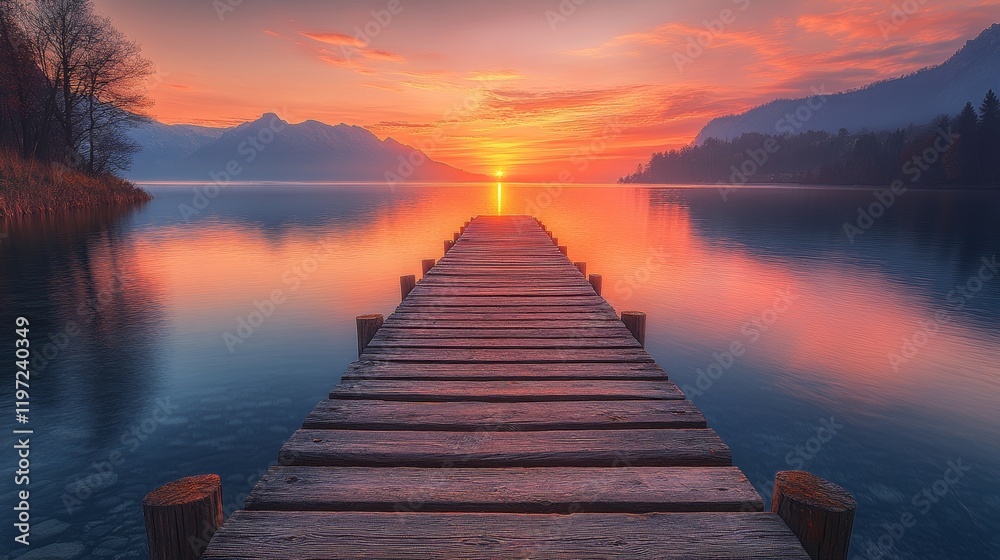 Fototapeta premium Serene sunrise over calm lake with wooden dock extending to the sun.