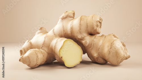 ginger root with one half cut open showing the flesh on a beige background. The ginger is fresh and has a light brown color, 3D render