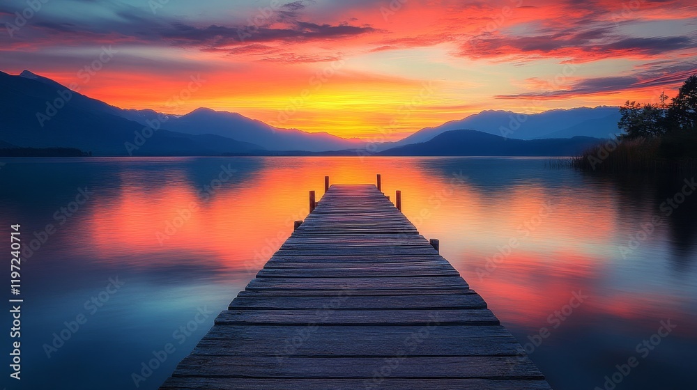 Obraz premium Serene sunset over calm lake with wooden dock extending into vibrant colors.