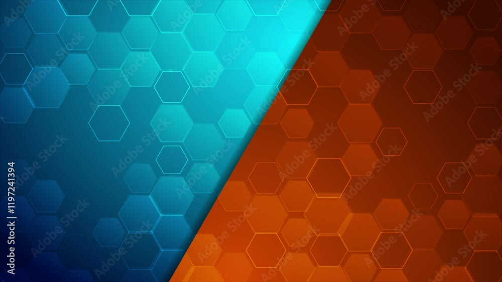High contrast blue and orange mosaic hexagons abstract geometric background. Seamless looping technology minimal motion design. Video animation Ultra HD 4K 3840x2160