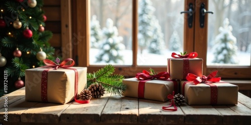 Rustic Christmas morning presents arranged on wooden table by window with snowy winter scene photo