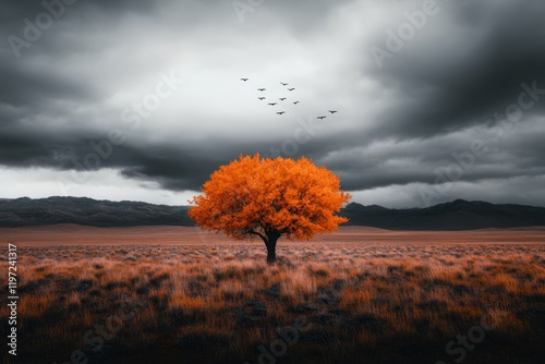 A cinematic rendering of vultures circling a lone tree in a vast desert landscape, with dramatic clouds overhead